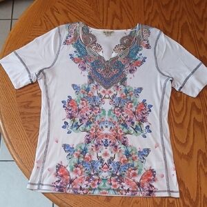 ONE WORLD White Multicolor Floral Short Sleeve Top